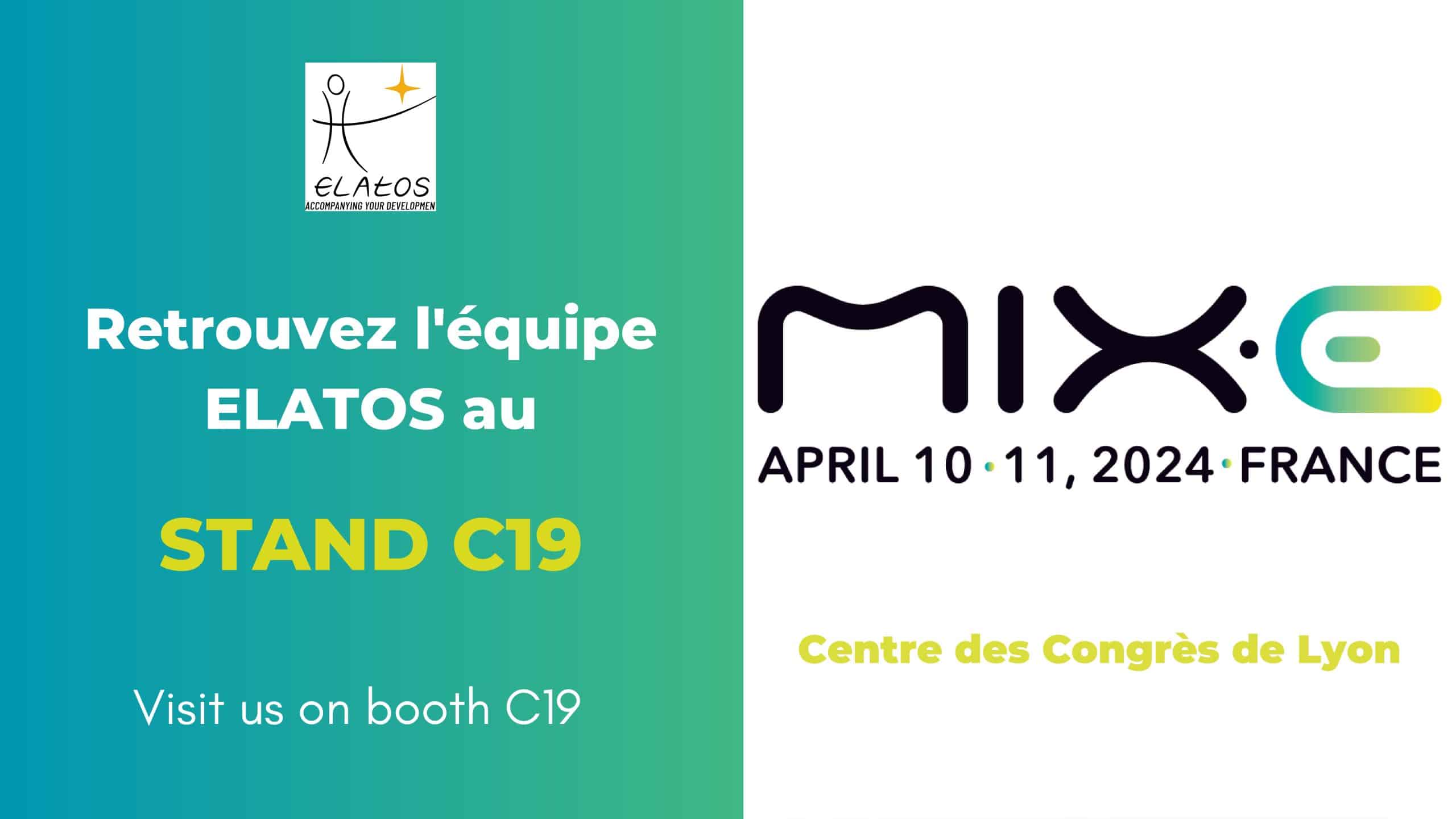 Visuel pour annoncer la participation d'Elatos au salon Mix.E avec la date, le lieu et le numéro du stand